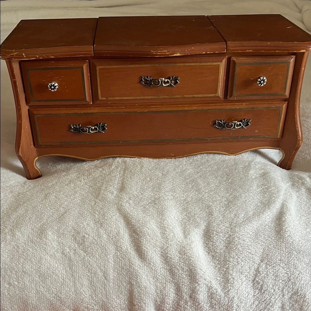 Vintage Small Wooden Dresser Jewelry Box - Rust Brown